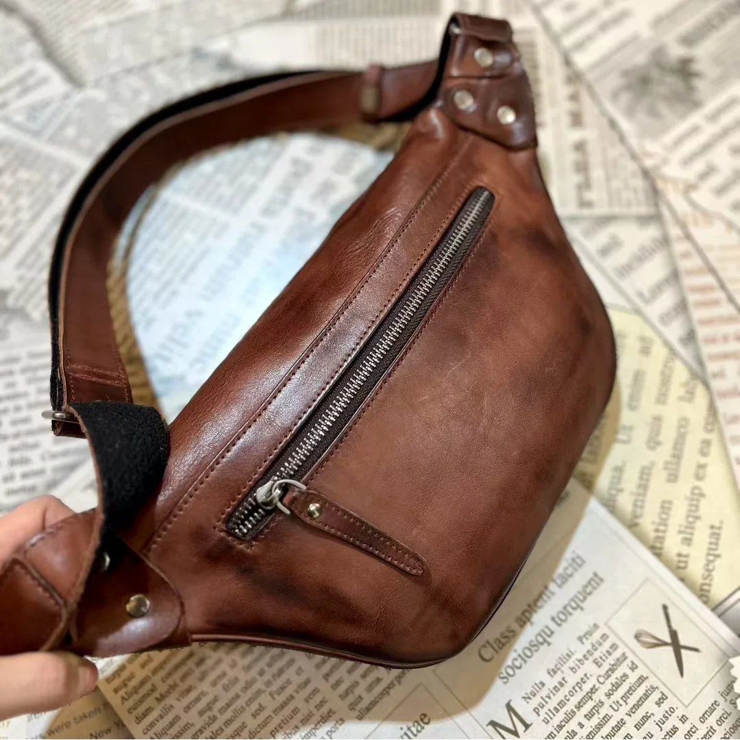 Riñonera multifuncional de primera capa de cuero de vaca, riñonera Vintage de cuero genuino para el pecho, bolso de un solo hombro o cruzado para niños
