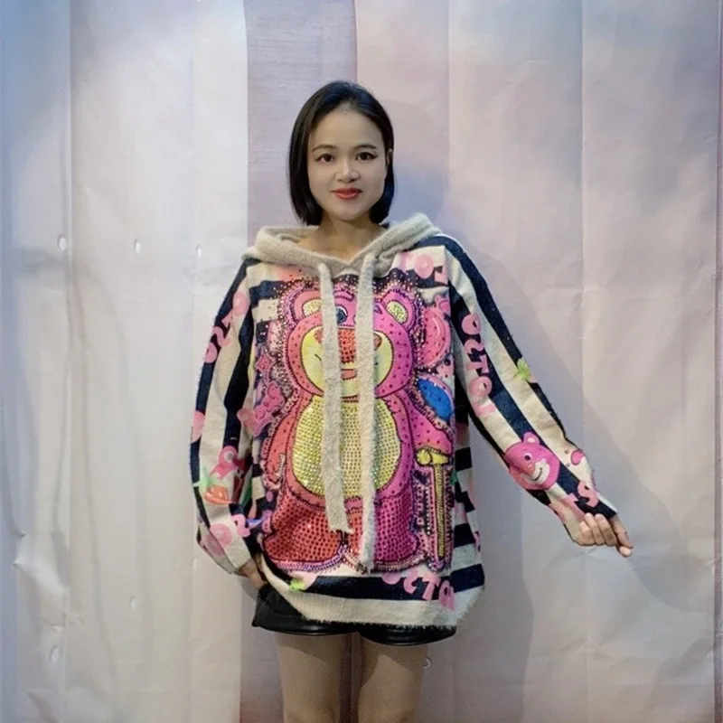 Heavy Industry Hot Diamond Bear Knitted Sweater Women Autumn and Winter Loose Mid Length Cartoon Hooded Top Pullover Sweaters