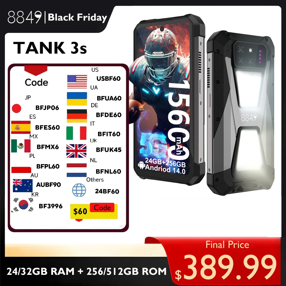 8849 Tank 3S Unihertz Rugged Smartphone with Projector 5G 24/32GB RAM 256/512GB ROM Dimensity 8200 64MP Night Vision Phone