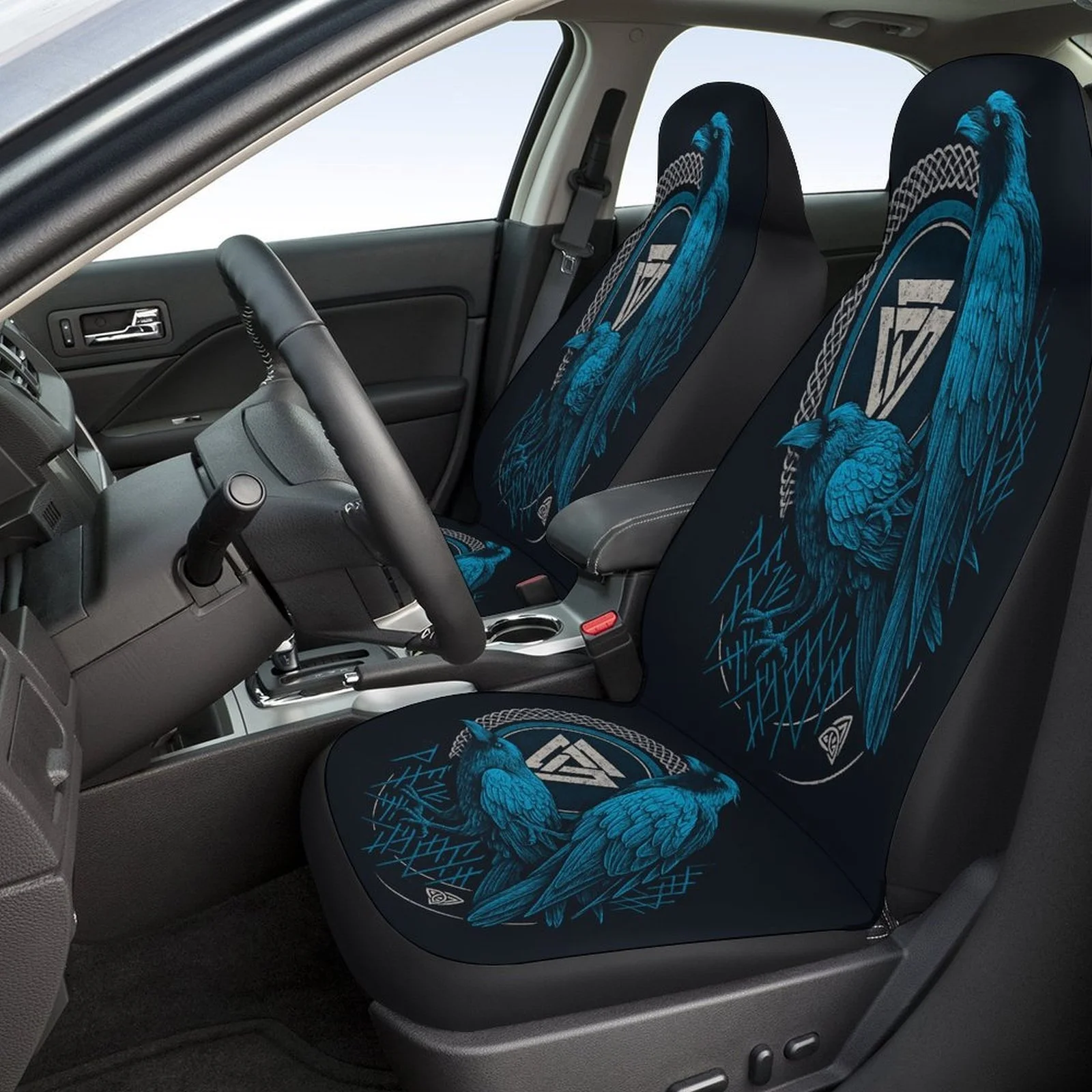 Raven Viking Art Car Seat Cover Set | High-quality Comfortable Universal Fit Polyester Seat Protectors For 2 Front And Rear Seat