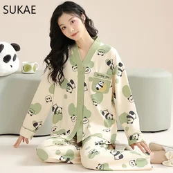 SUKAE Autumn Winter New Faux Cotton Women Sleepwear Casual Pijama Woman Pajamas Set Kimono V-neck Lapel Homesuits Lady Pyjamas