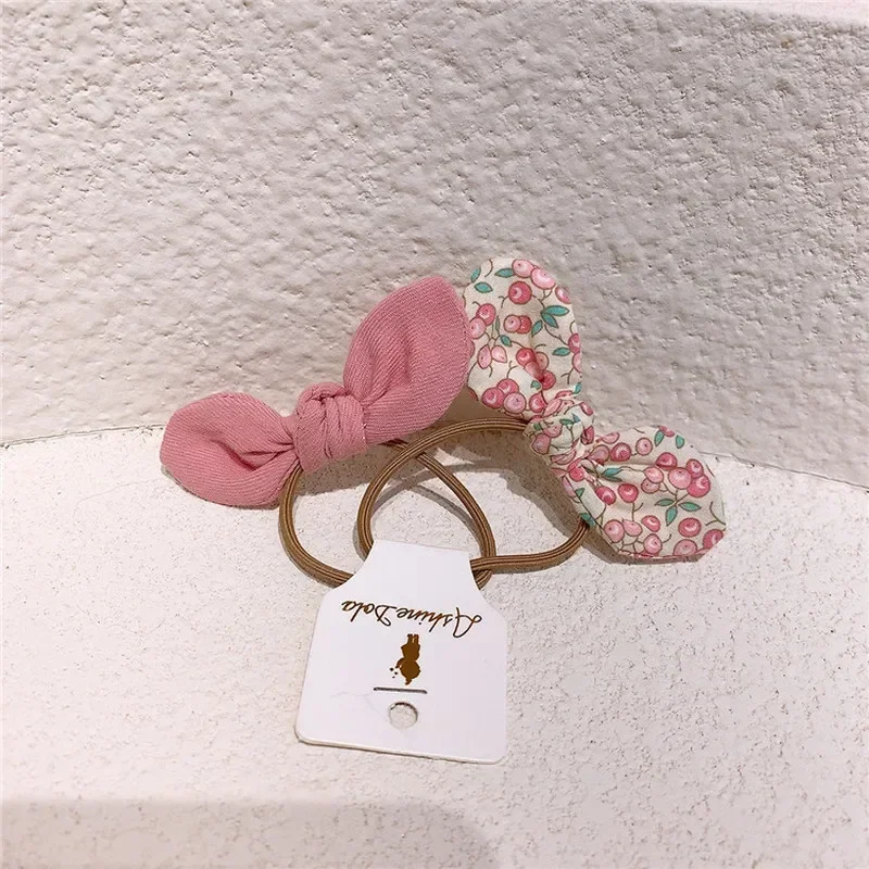 New Nordic Style Sweet Girl Floral Cherry Fabric Rabbit Ears Hair Rope Children's Ponytail Rubber Band Hair Accessories