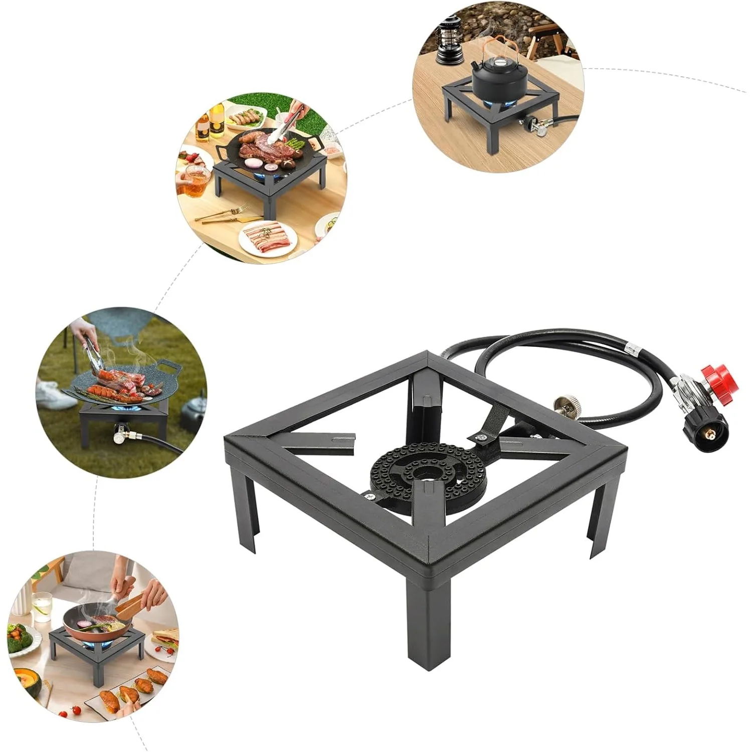 موقد غاز مربع محمول بشعلة واحدة طباخ البروبان مع خرطوم منظم قابل للتعديل 0-20 رطل لكل بوصة مربعة للتخييم والشواء وتخمير المنزل