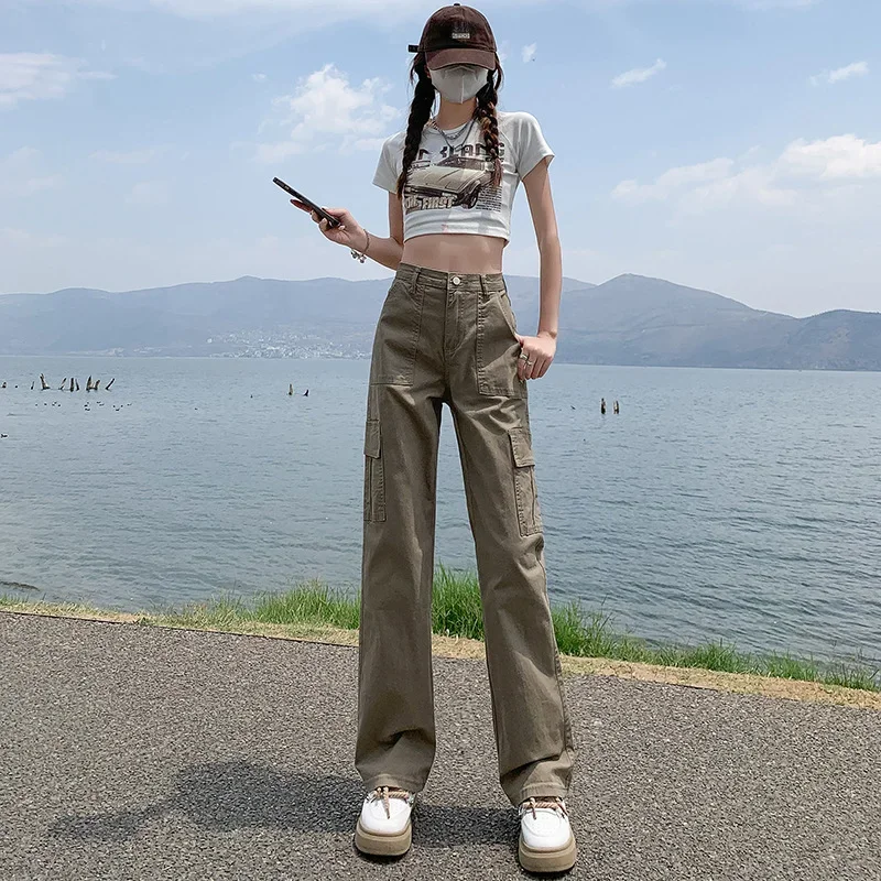 Summer Straight Trousers Overalls 2024 Women Cargo American Wide Leg Casual Pants High Waist Loose Slim Narrow Version Fashion