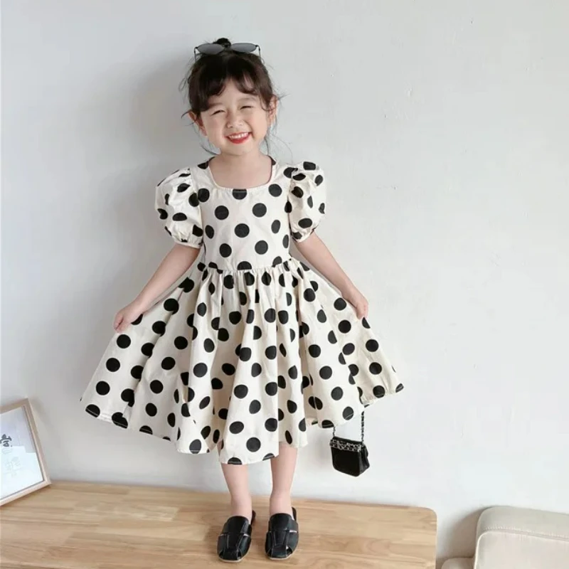 Summer Girls Dresses Polka Dot Tie Waist Princess Dress 2025 Baby Kids New Fashion Children'S Clothing