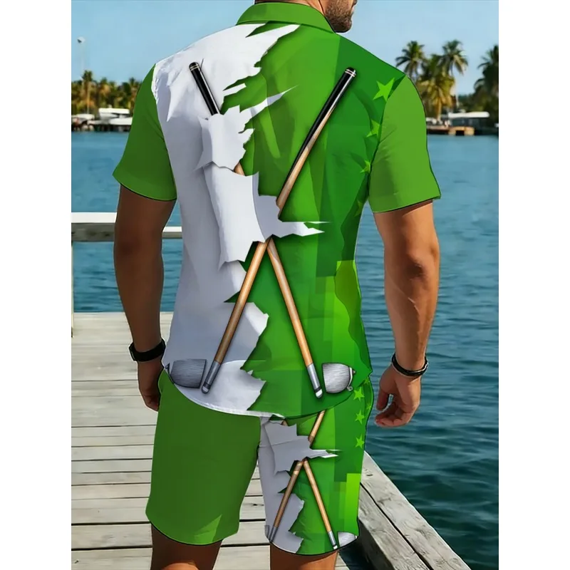 Men's Lightweight Casual Green White Polyester Shirt & Pants Set Star & Golf Club Printed Multi-occasion Wear view 2