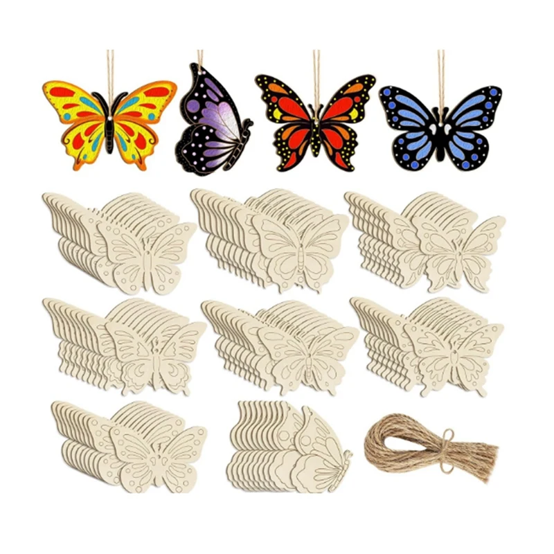 40PCS Wooden Hollow Butterfly Ornaments To Paint, 8 Styles DIY Blank Unfinished Wood Cutouts Ornament For Crafts Hanging