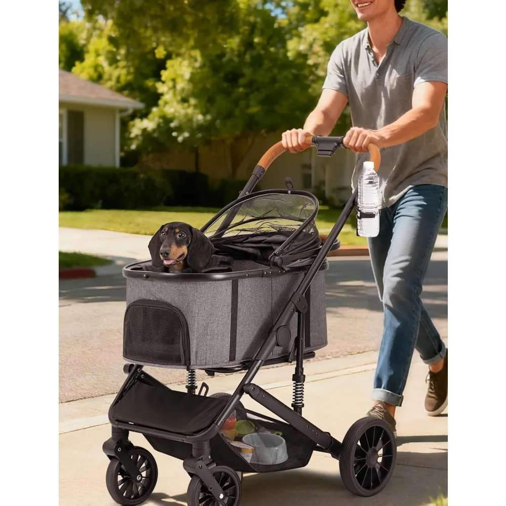 

4-колесная складная коляска для домашних животных для собак и кошек до 60 фунтов, съемная переноска, корзина для хранения, дышащая серая