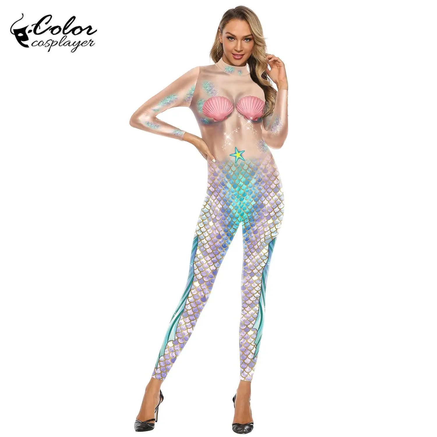Color Cosplayer Mermaid Jumpsuit Halloween Cosplay Costume Fish Scale Pattern Bodysuit Spandex Jumpsuit Party Movie Dress Up