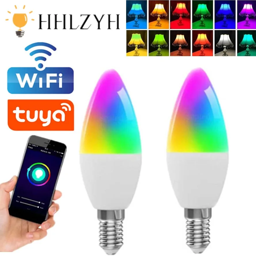 HHLZYH RGB LED 전구, 투야 와이파이 E14 캔들, AC 85-265V, 스마트 디밍 가능 램프, 알렉사 램프, 구글 홈, 얀덱스, 앨리스로 작동, 1 개