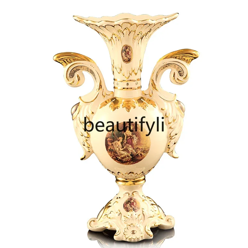 

European Ceramic Flower Arrangement Vase Luxury Living Room Vintage TV Cabinet Home Floor Decoration Ornament
