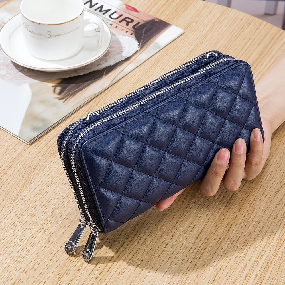 

Genuine Leather Double Zipper Rhomboid Mobile Phone Bag Women's Large Capacity Storage Wallet Long Mobile Messenger Purse Black