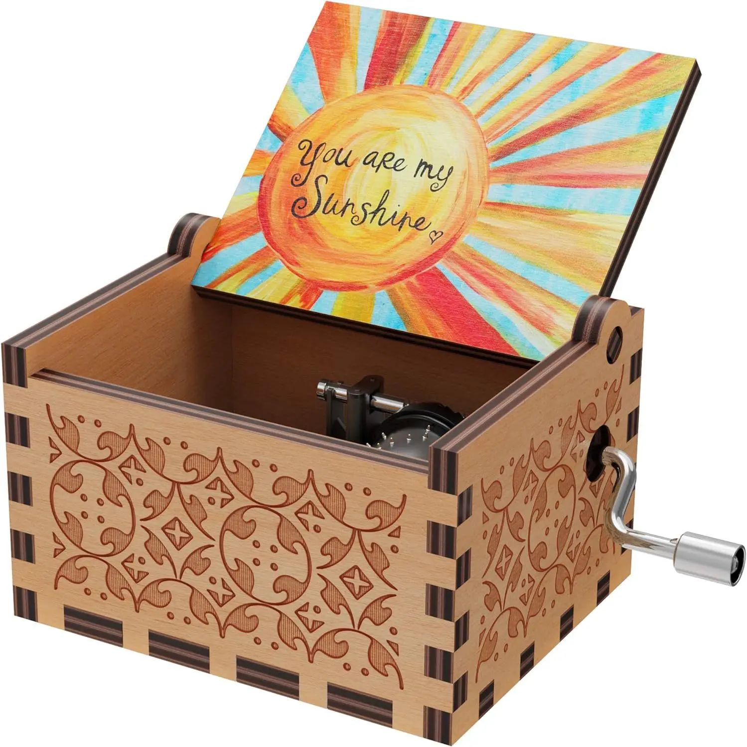 Hand-cranked wooden music box carved and painted, you are my sunshine boutique wooden music box ornaments