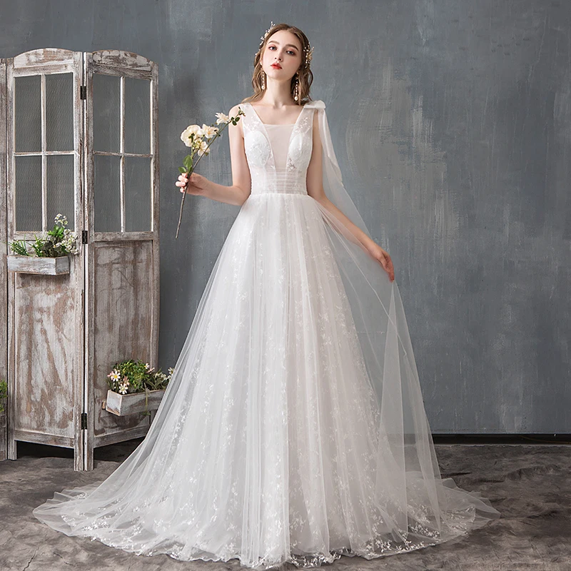 Y&M Novias  Fashion Simple New French A-Line light Wedding dress Elegant girls Samll Train with Lace Flowers