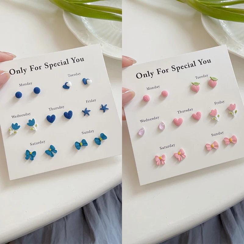 طقم أقراط مرصعة مستديرة للنساء ، مجوهرات قرط ، أزرق ، وردي ، قلب ، فراشة ، قوس ، زهرة ، غير لامع ، نجمة صغيرة ، حلوة