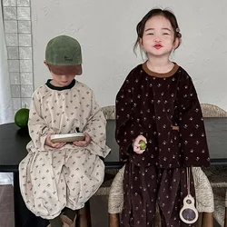 Children Sets Autumn Season New Corduroy Fragmented Flowers Long Sleeved Wide Leg Pants Two Piece Set Round Collar