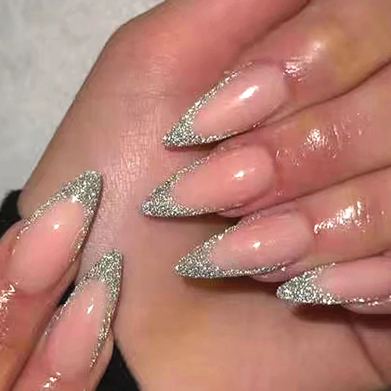24 Pcs  Almond Long Press On Nails Glossy French Shiny Coverage Fake Nails Manicure Reusable Solid Party Wearing False Nail