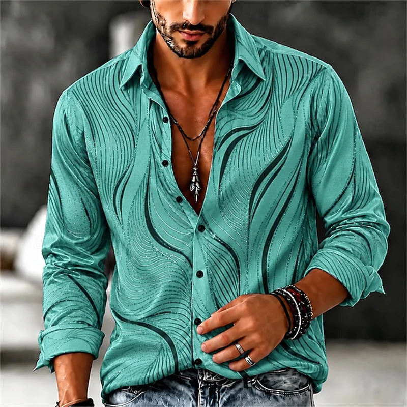 Men's Long-Sleeve Fashion Shirt Fall 2026 Blue Streamlined Wave Print Button-Down Collar Loose Fit Casual Retro Streetwear Style