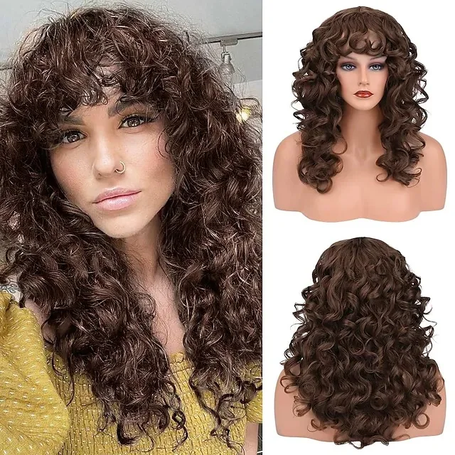 European and American women's wigs, women's brown black small curly long curly hair, African black synthetic full head cover