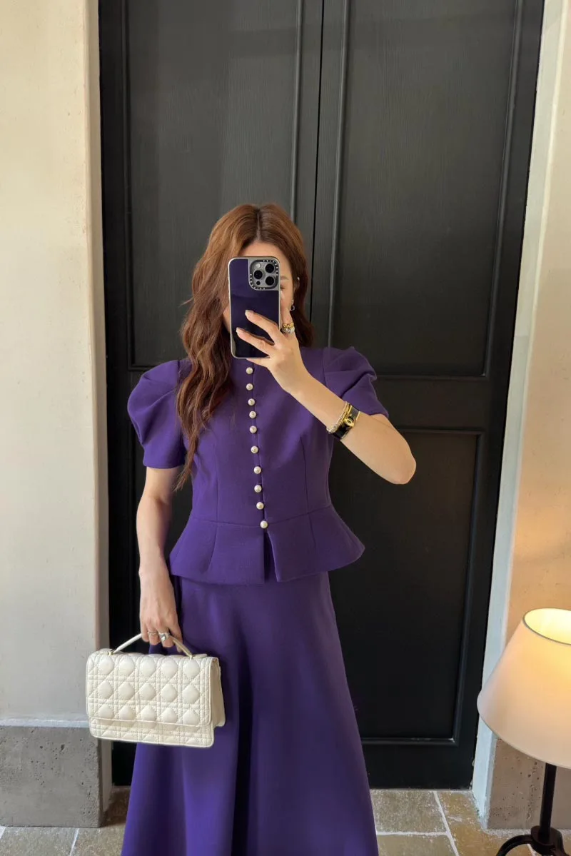 2024 Autumn New Women's Jacket Fashionable, Exquisite, Simple, High end Purple Pearl Button Bubble Sleeve Jacket Top