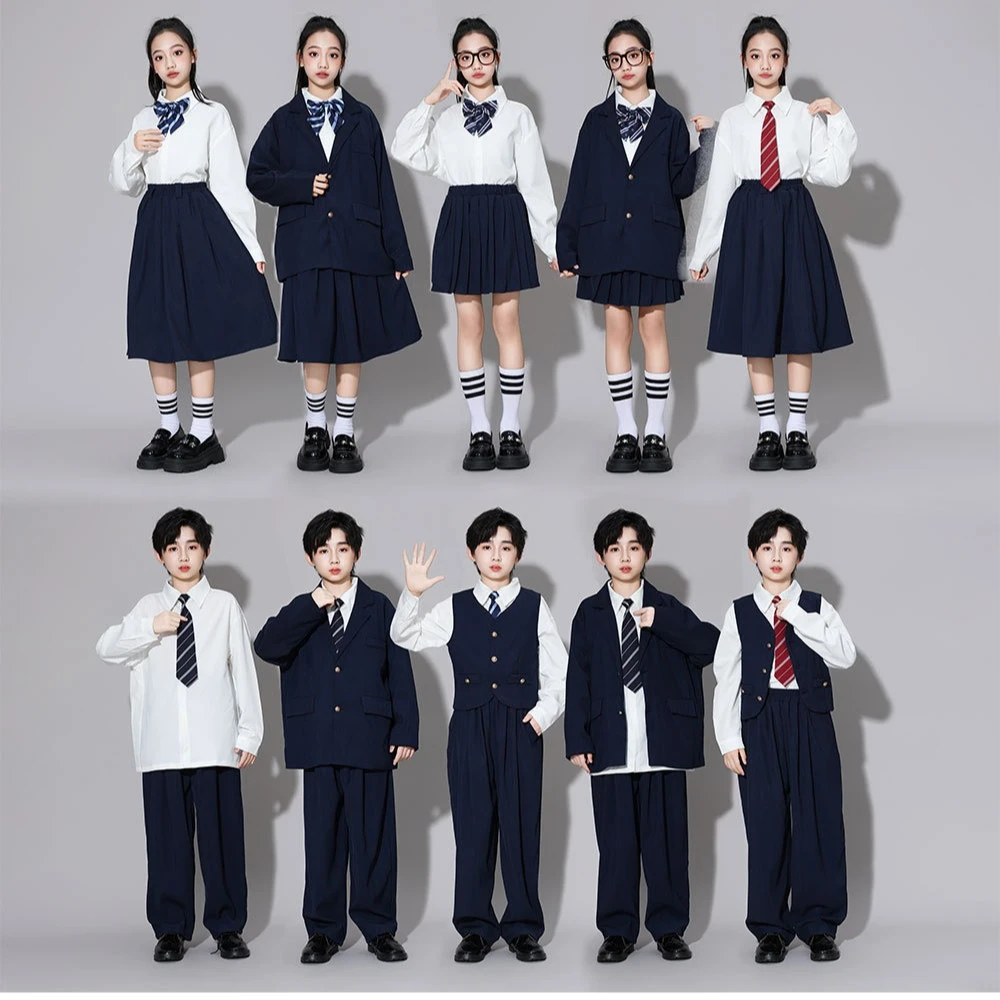 Kids Suit British Style Uniform Set Dance Performances Preppy Blazer Shirt Skirt Pants for Boys Girls Back To School Group Wear