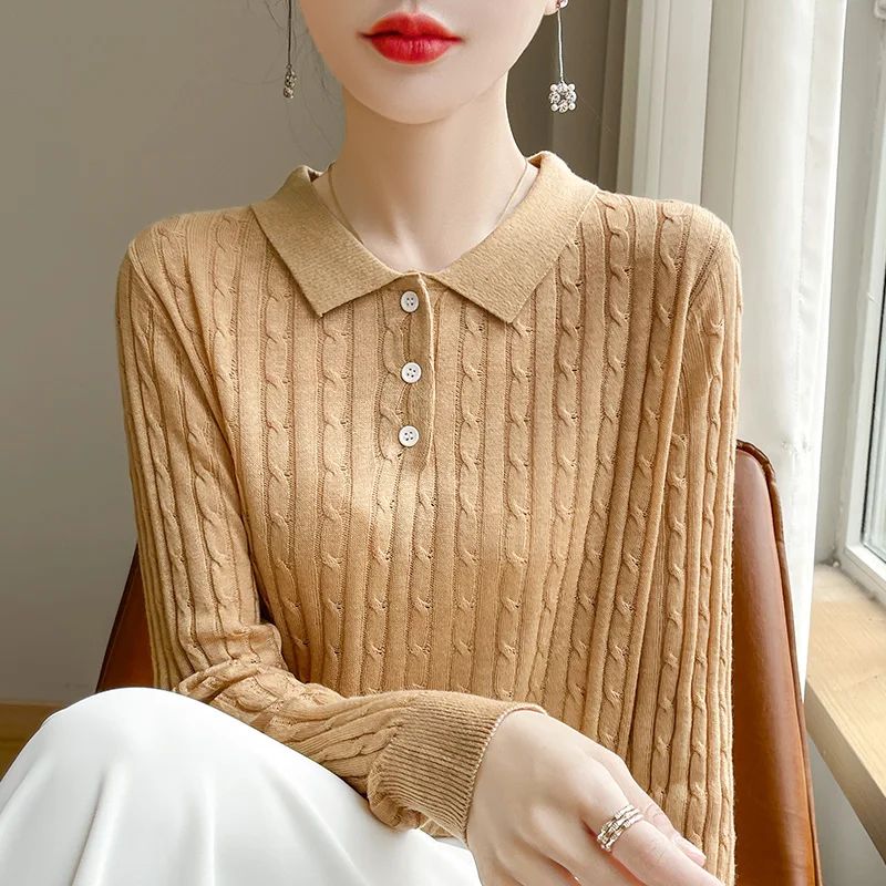 Women's sweater autumn/winter 100% pure wool pullover casual solid color knitted Tops Japanese/Korean loose POLO collar Blouse