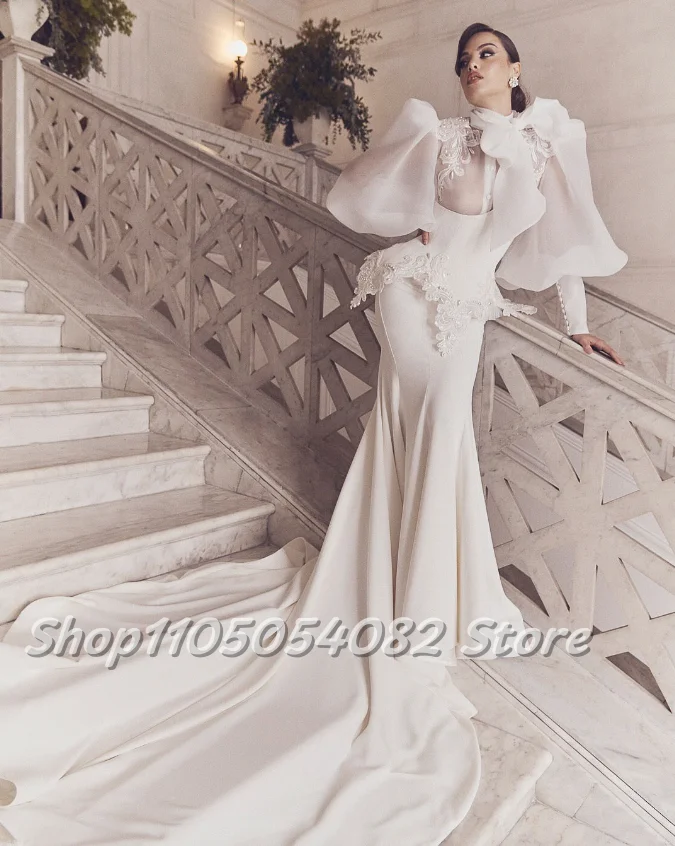 Customized classic Wedding Dress with High Neck Tank Sleeve Beaded Embroidery Irregular Top Hem Fishtail Train Wedding Dress