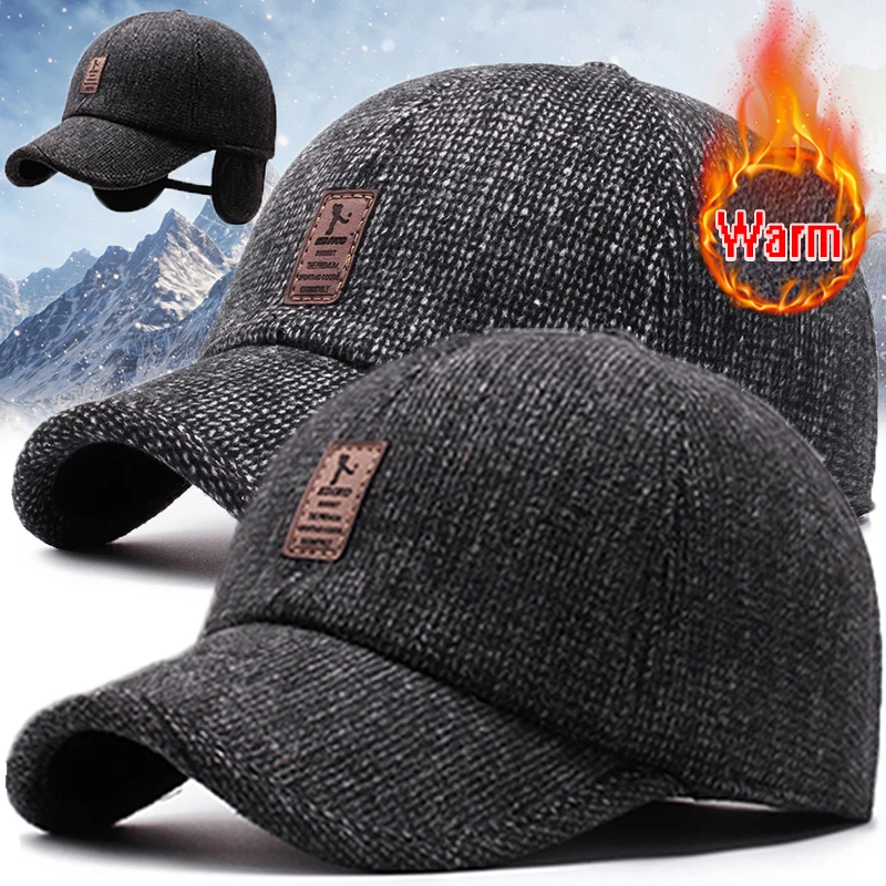 

Vintage Baseball Cap Woolen Knitted Winter Ear Cover Baseball Cap Men Thicken Warm Hats with Earflaps Sport Golf Hats Snapback