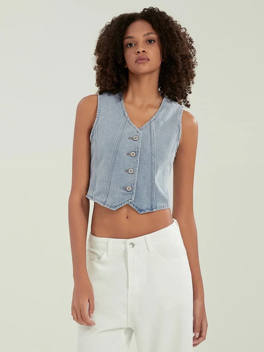 New Fashion Womens Button-Up Denim Vests V-Neck Sleeveless Jean Waistcoat Crop Jacket Club Street Style Hot Sale S M L