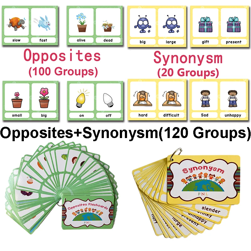 120 Groups Opposites Synonyms English Flashcards Word Card Games for Kids Baby Learning Educational Toys For Children Montessori