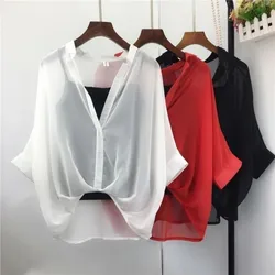 Summer Half Sleeve Loose V-Neck Women Blouse Chiffon Two Piece Set Tops Casual Elegant Clothes