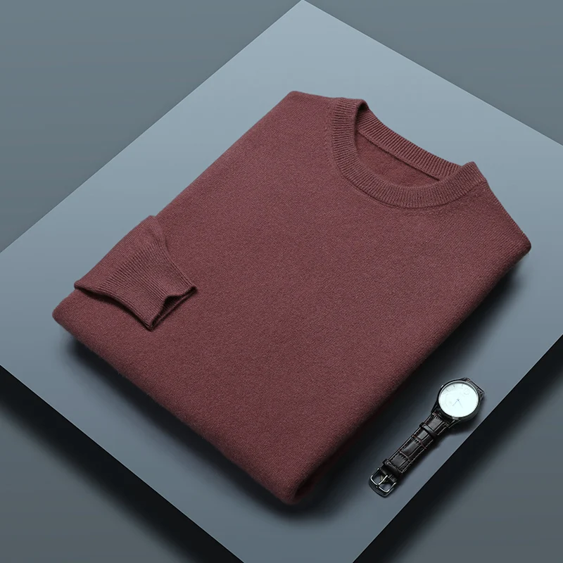 Classic Solid Color Men\'s O-neck Sweater Autumn Winter 100% Merino Wool Knitted Pullover Long Sleeve Warm Loose Casual Men Tops