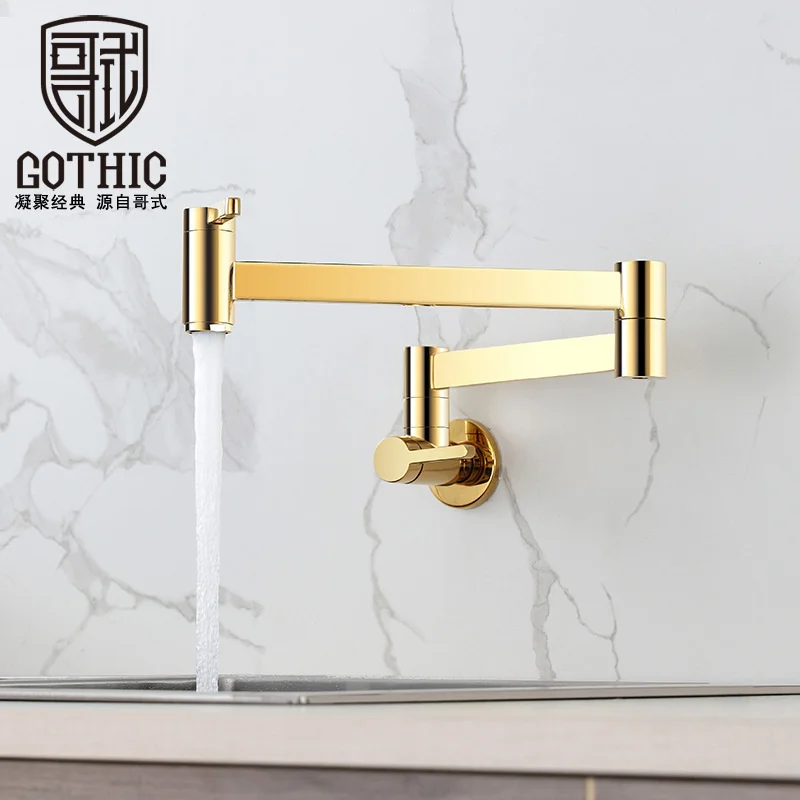 

Brushed Gold Kitchen Mixer Sink Tap Chrome Black Wall Mounted Pot Filler Faucet Swinging Rotate Foldable Single Cold Kitchen Tap