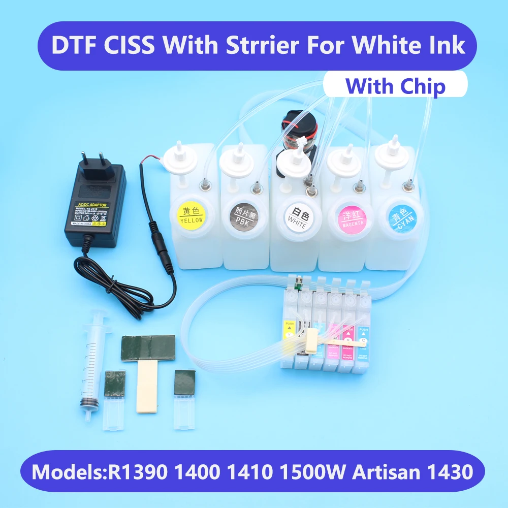 DTF CISS For Epson R1390 1400 1500W 1410 1430 Direct To Film White Ink Tank With Stirrer Mixer Continuous Ink Supply System