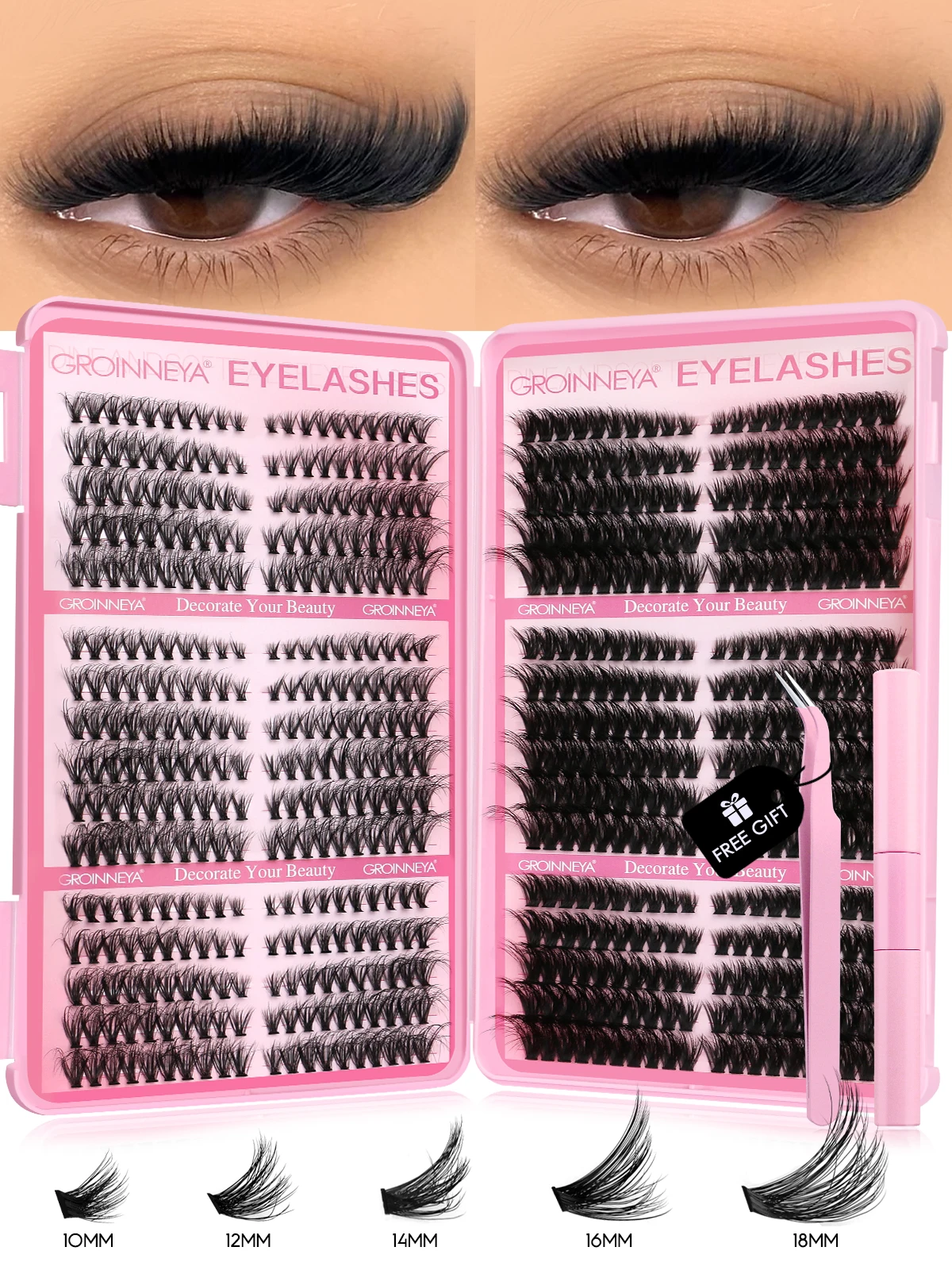 GROINNEYA Lash Clusters Kit Cat Lashes 640 Pcs with Lash Bond & Seal Cluster Eyelash Extensions Eyelash Clusters Kit DIY at Home