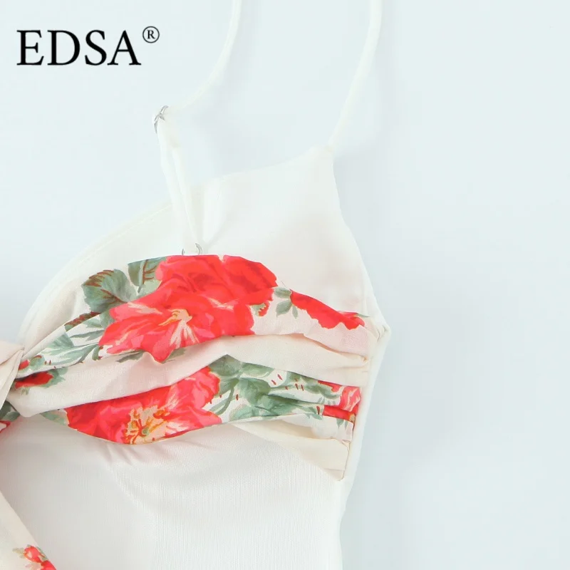 بدلة لعب نسائية EDSA مطبوعة بشاح مقصوص مع أشرطة رفيعة وخط عنق على شكل قلب بدلة رومبير صيفية مقسمة