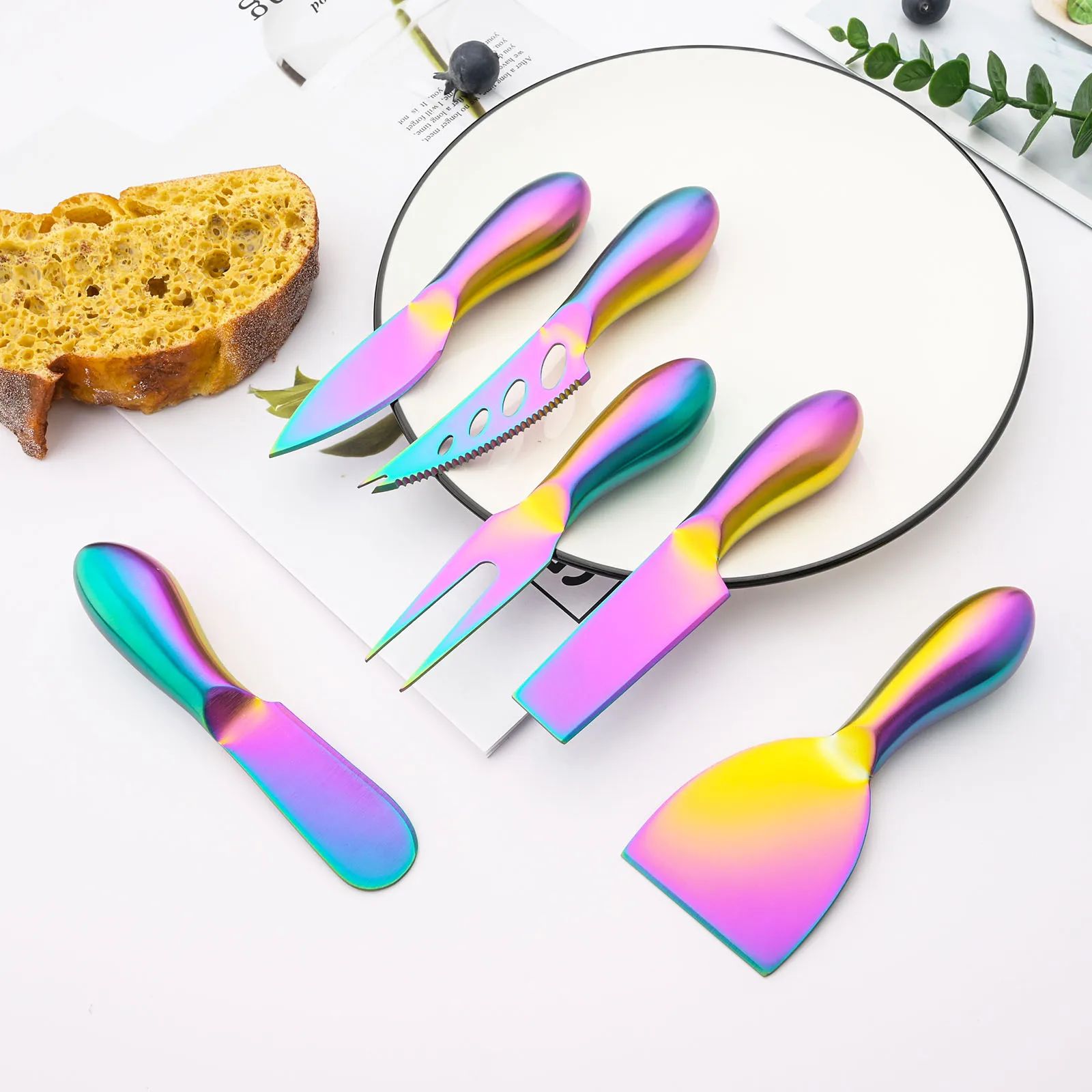 Rainbow 7Pcs Cheese Knife Set Stainless Steel Butter Spreader Cheese Cutter Slicer Fork Kitchen Useful Breakfast Cooking Tools