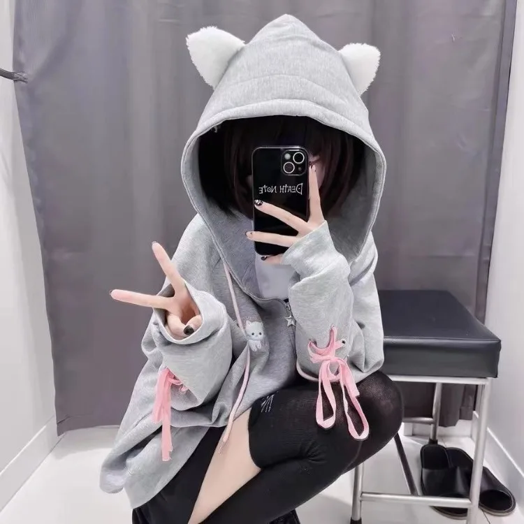 Cute Cat Ears Loose Hooded Coat Female 2024 New Slim Fit Zipper Cardigan Jackets Y2k Long Sleeve Bow Lace Up Tops Women