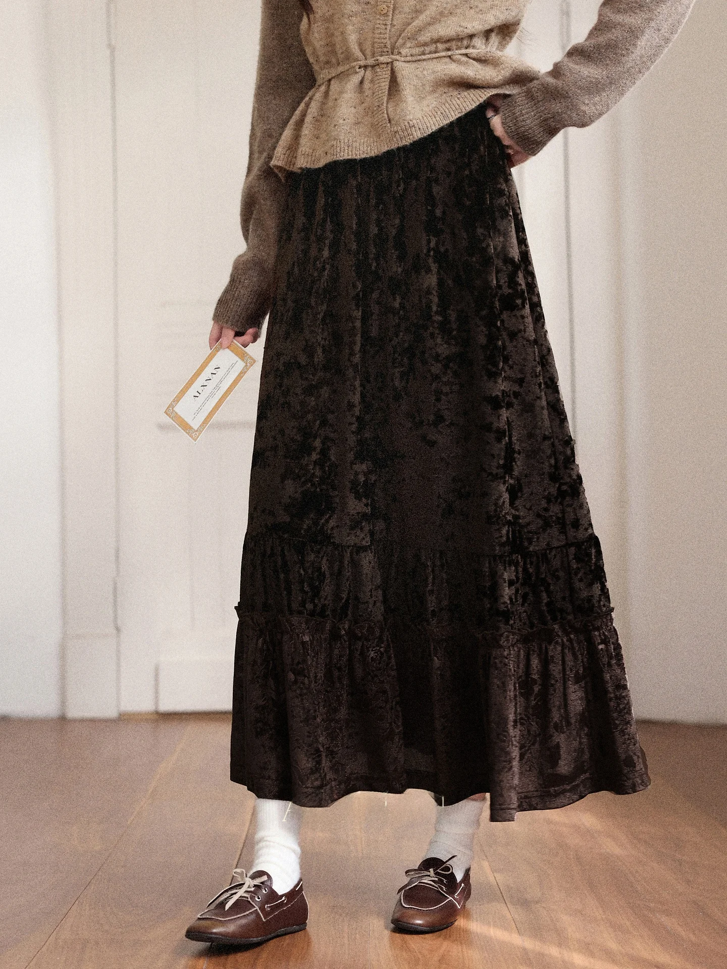 

Коричневая бархатная юбка А-силуэта миди для женщин, осенне-зимняя, винтажная, средней длины, для повседневной носки, со средней талией, прочее/другое