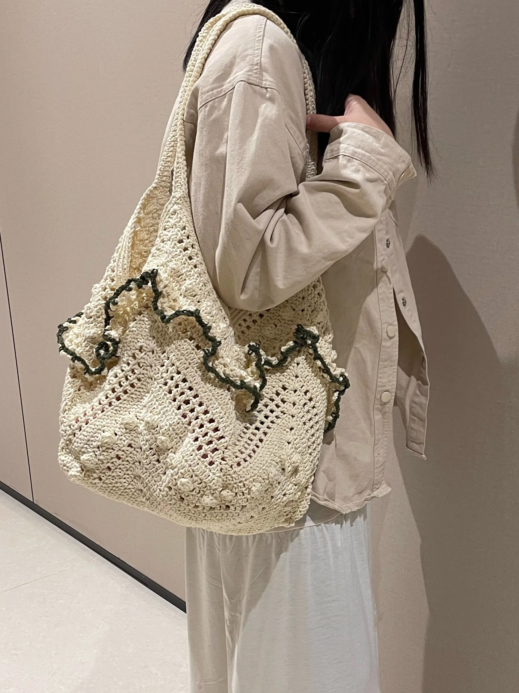 

Dongda Gate, ажурная вязаная большая сумка, женская пляжная сумка-тоут, дышащая мягкая хлопчатобумажная ткань, чистый цвет