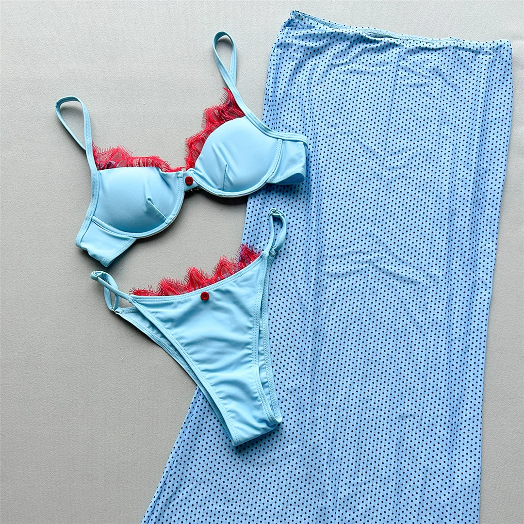 Mit Polka-Dot-Rock, Spitze, Bikini, Damen-Badebekleidung, dreiteiliges Bikini-Set, Badeanzug, Badebekleidung, Schwimmbekleidung V8464 – Detail 7