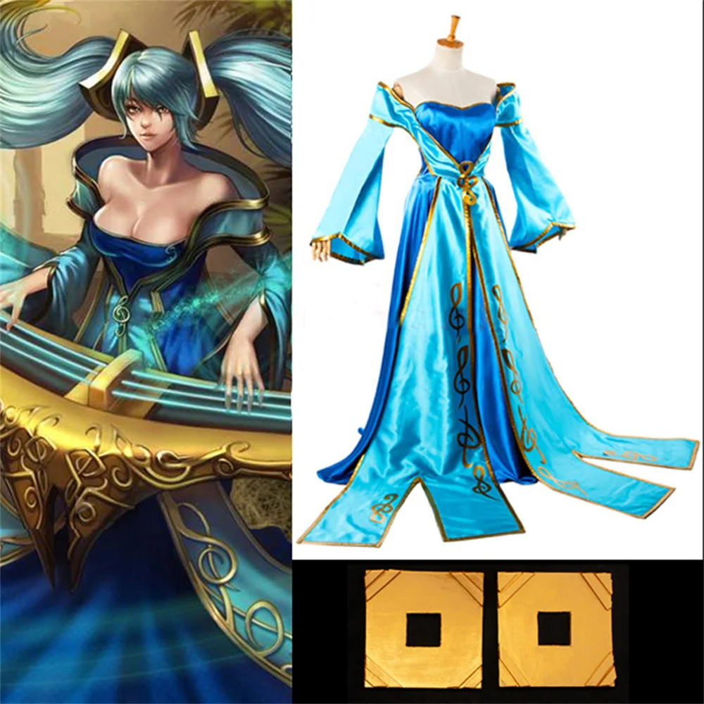 LOL Sona Cosplay Costume Sexy Women Blue Dress Full Set Halloween Party Outfit