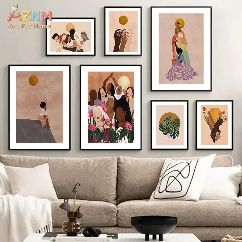AZNM Boho Diverse Women Canvas Wall Art Abstract Multicultural Female Portrait Sun Floral Equality Minimal Living Room Unframed
