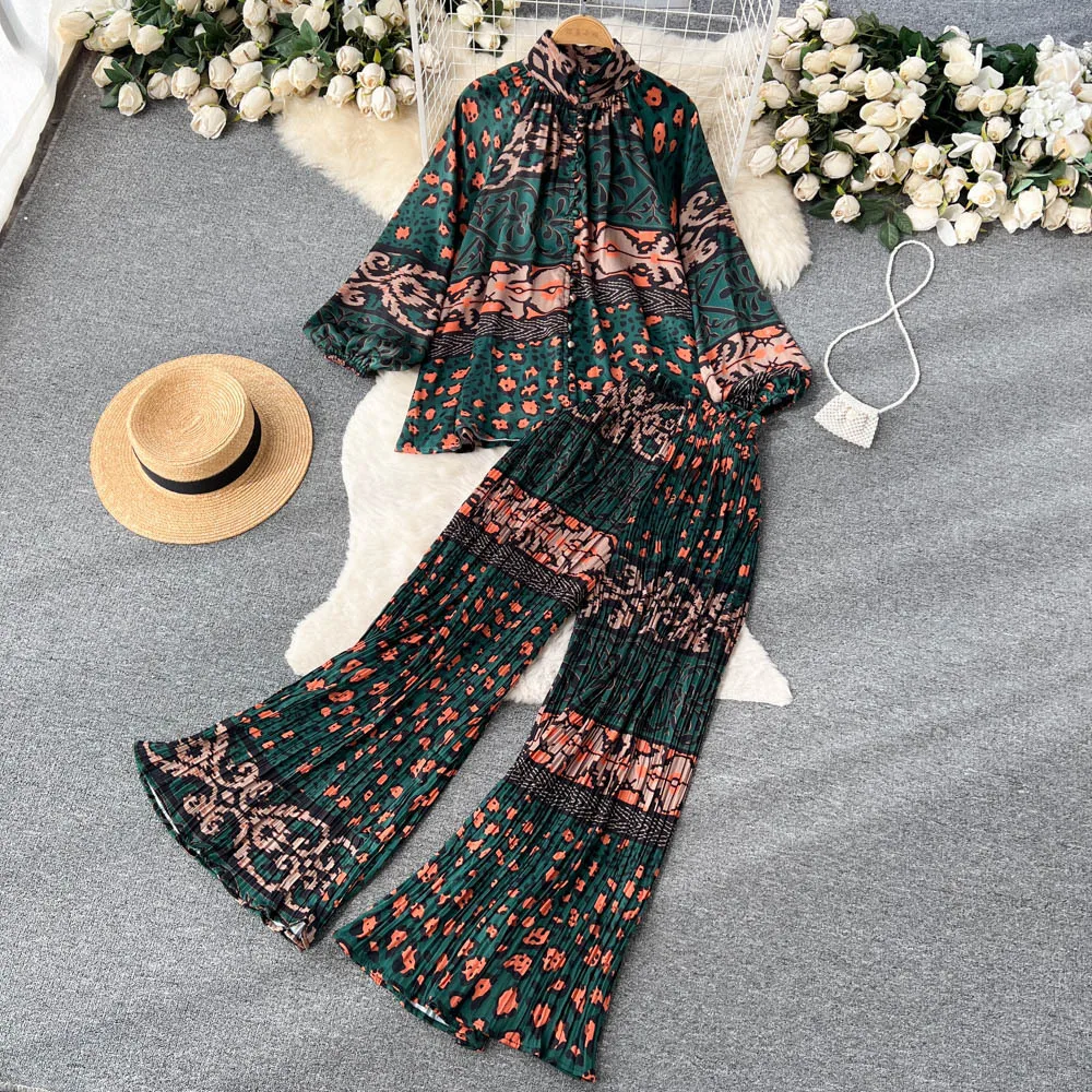 New Autumn Printing Loungewear Women Set Lantern Sleeve Half High Neck Loose Shirt+Wide Leg Pleated Pants Two Piece Pajama Sets