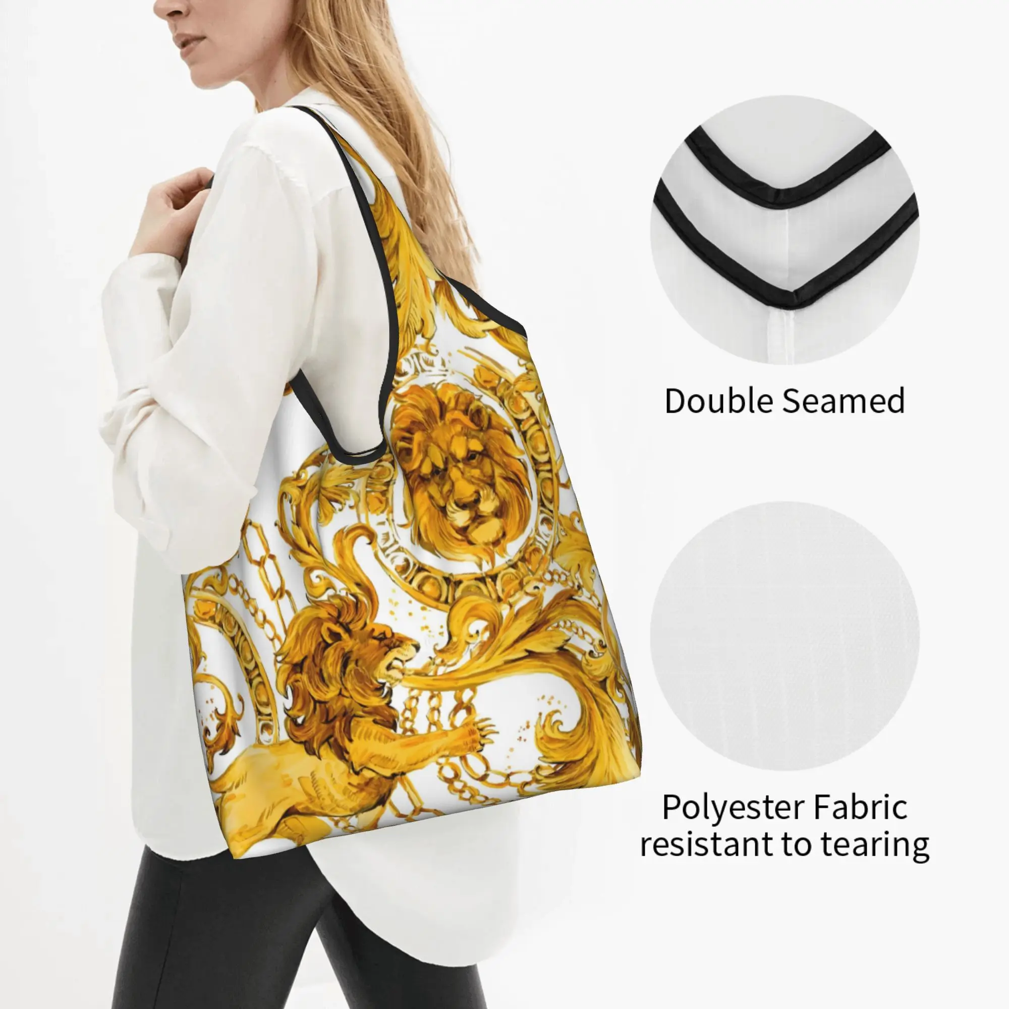 Fashion Baroque Golden Lion And Damask Ornament  Shopping Tote Bags Portable Luxury Floral  Groceries Shoulder Shopper Bag