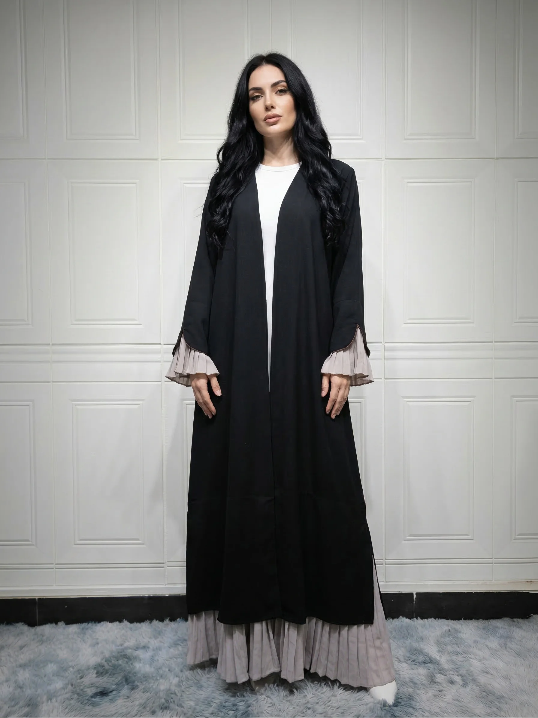 

Abaya Pleated Patchwork Design | Muslim Women Open Front Long Kaftan