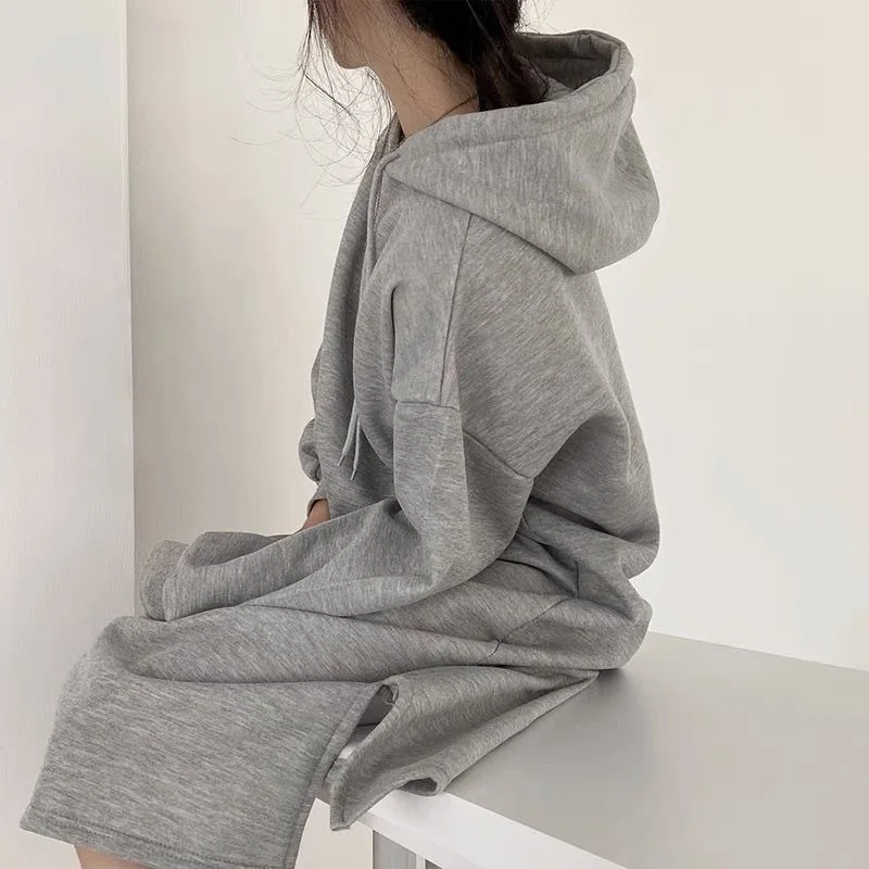 2025 Autumn Winter Women's Long Hooded Pullover Dress Loose Slim Fit Mid Length Over The Knee Split Fleece Lined Sweatshirt