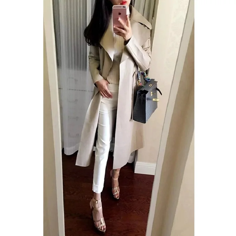 Winter Jacket Women Promotion Super Soft Sheepskin Lapel Drawstring Slim Long Trench Coat Korean Fashion Khaki Jaqueta De Couro