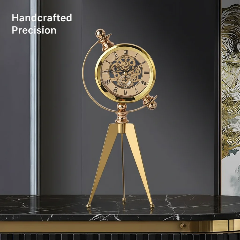 Luxury Golden Mechanical Globe Clock 12in High Vintage Metal Tripod Desk Clock with Visible Moving Gears Home Office Decor