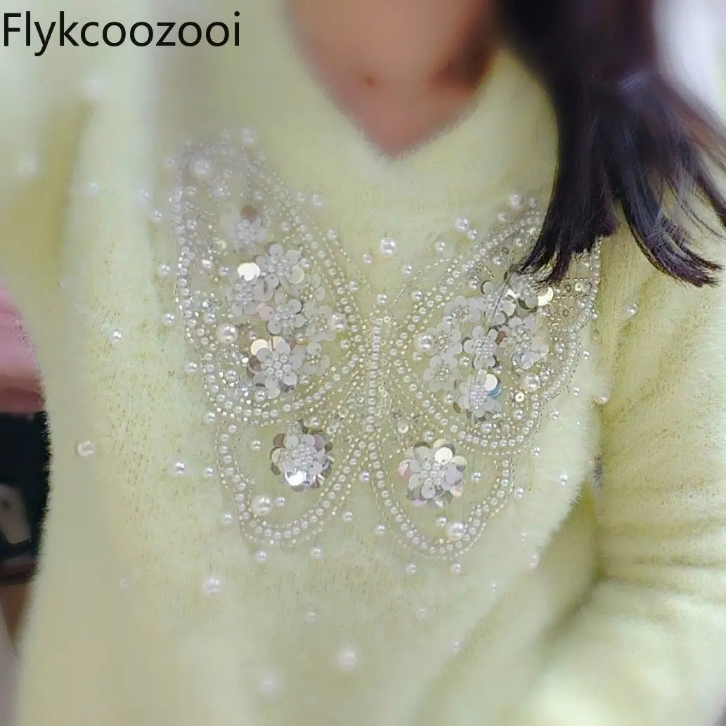 Hand-beaded Pearl Three-dimensional Large Bow Fringe Fluffy Sweater Korean Fashion LOOSE FIT Свитер Женский Pullover